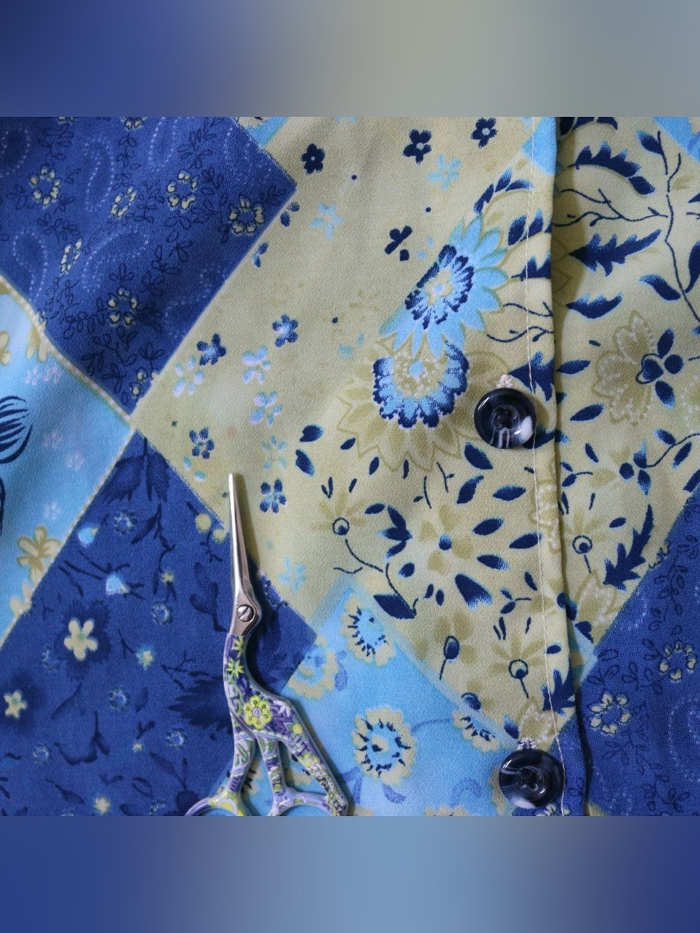 Blue floral patchwork patterned button down blouse - Picture 7 of 7
